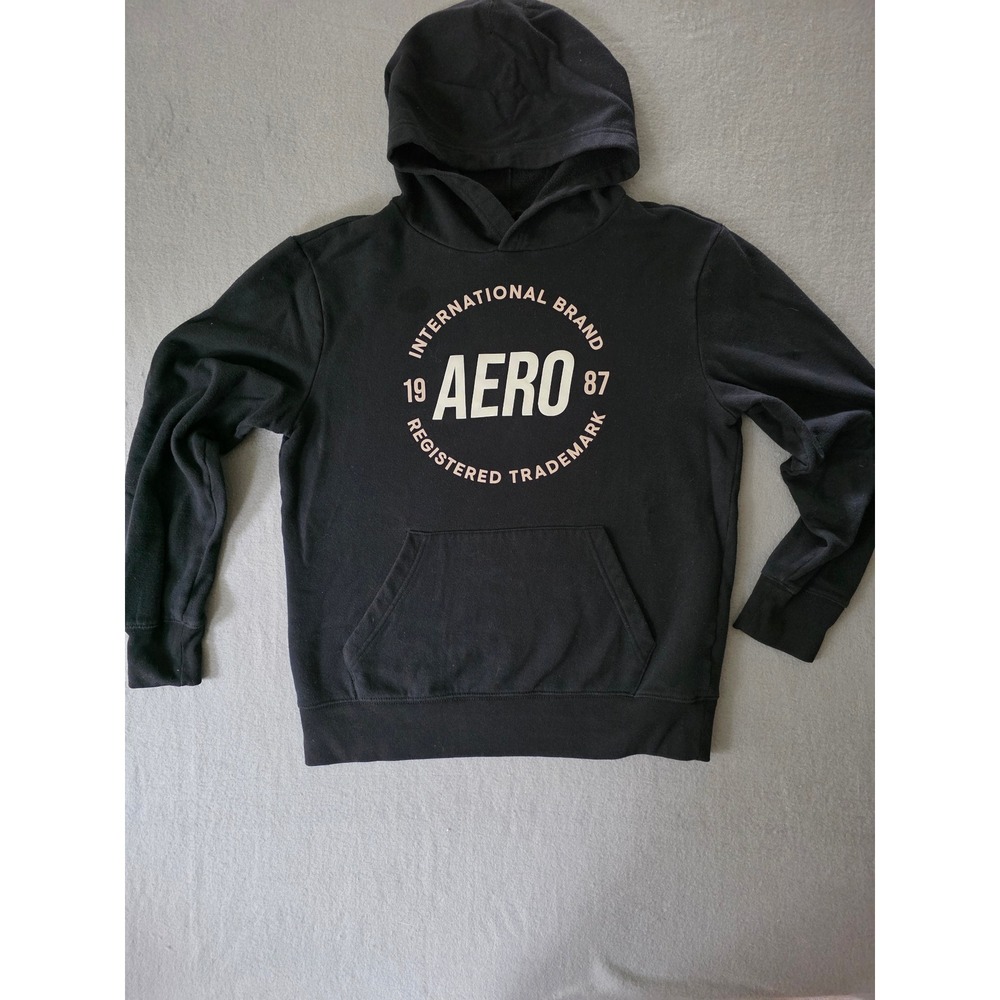 Aeropostale Mens M Black Graphic Hoodie Aero 1987 Pullover Sweatshirt Medium
